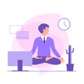 Businessman meditates in the Lotus position in the workplace. Calm pose, mental balance, harmony, spirituality energy, body exerci Royalty Free Stock Photo